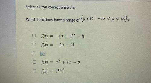 Select all the correct answers.
Which functions have a range of