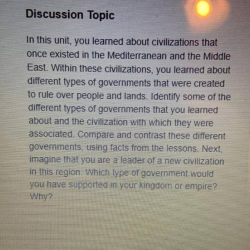 Discussion Topic

In this unit, you learned about civilizations that
once existed in the Mediterra