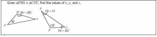 Given the congruent angles PHS and CNF, find each missing measure; xyz