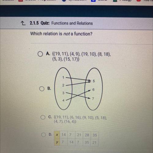 Which relation is not a function?

O A. {(19,11), (4,9), (19, 10), (8, 18),
(5,3), (15, 17)}
5
2
B
