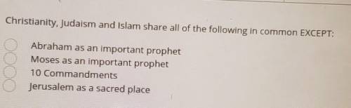 Judaism and Islam share all of the following in common EXCEPT: (Multiple choice)