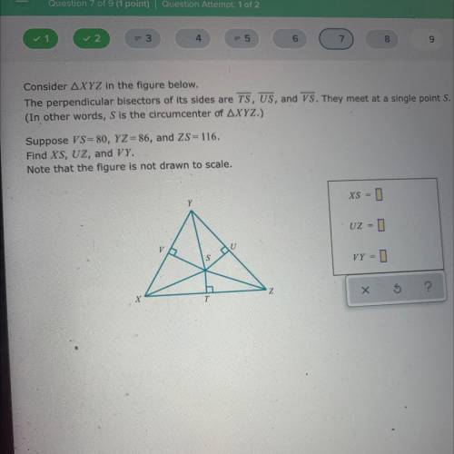 Consider AXYZ in the figure below.

The perpendicular bisectors of its sides are TS, US, and VS. T