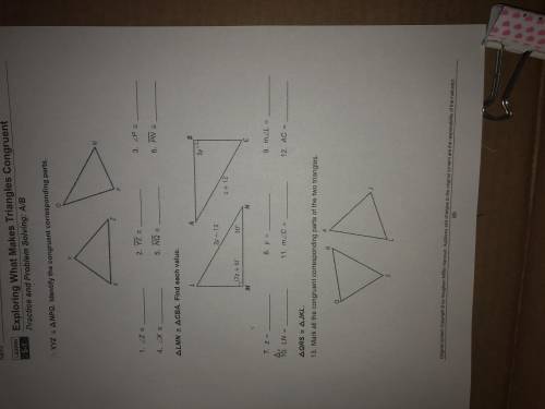 GEOMETRY HELP PLEASEEEEEEEEEE

Lesson 5-1 Exploring What Makes Triangles Congruent Practice and Pr