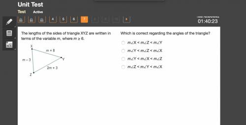 Which is correct regarding the angles of the triangle? mAngleX < mAngleZ < mAngleY mAngleY &l
