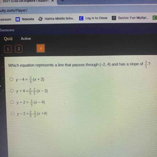 Which equation represents a line that passes through (-2, 4) and has a slope of ?

O y-4 = (x + 2)