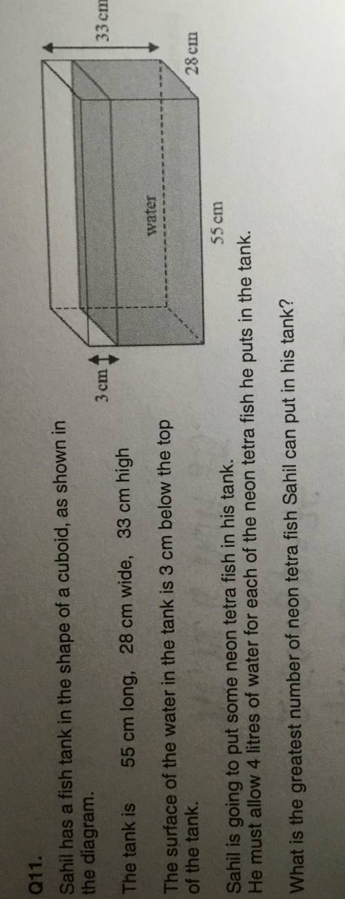 Sahil has a fish tank in the shape of a cuboid, as shown in the diagram
