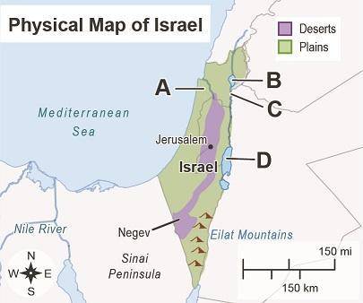 The map shows the physical features of Israel.

A map titled Physical Map of Israel with labels A