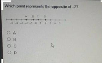 N Which point represents the opposite of -2? D -5 -4 -3 -2 -1 0 1 2 3 4 5 Ο Α OB