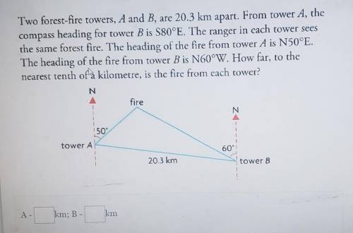 Two forest fire towers, A and B,are 20.3 km apart. From tower A, the compass heading for tower B is