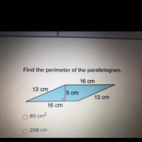 Find the perimeter of the parallelogram.
80 cm2
208 cm
63 cm
58 cm