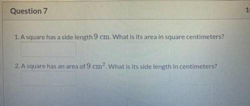 A square has a side length 9cm. What is its area in square centimeters? A square has a side length