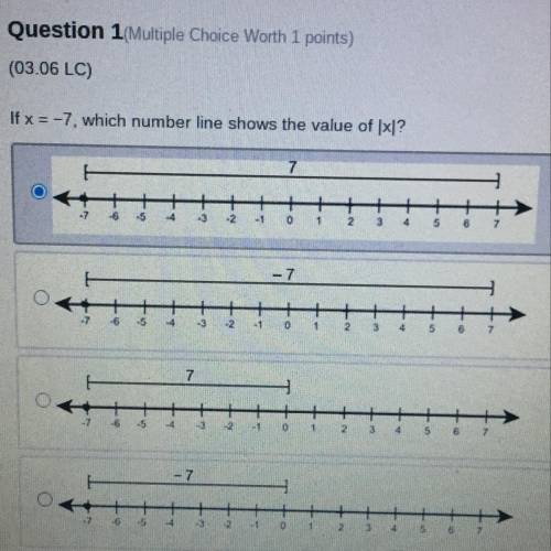 Question 1 Multiple Choice Worth 1 points)

(03.06 LC)
If x = -7, which number line shows the valu