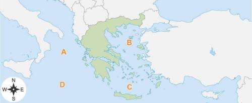 The map shows ancient Greece.

A map of Greece. The map has labels A through D. A is west of Greec