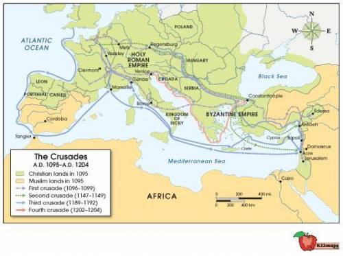 The following map shows the Crusades from 1095 A.D. (CE) through 1204 A.D. (CE). Use the map to ans
