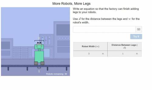 Write an equation so that the factory can finish adding legs to your robots.

Use d for the distan