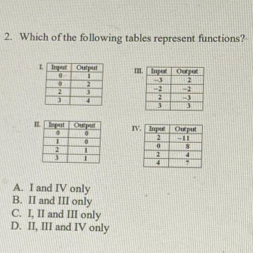 SUPER EASY AND ILL GIVE BRAINLIEST

which of the following tables represent functions?
a. I and IV