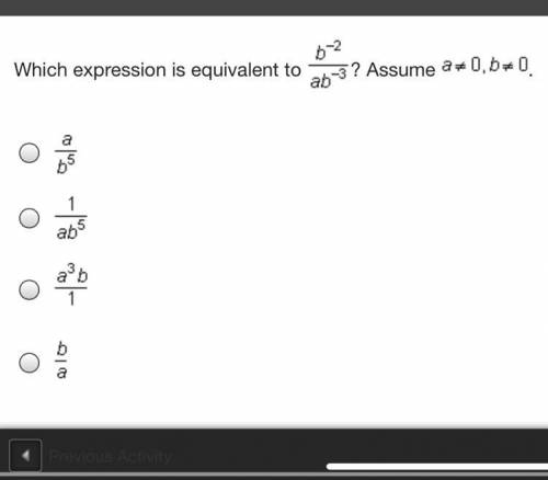 Need answer quickly!

Which expression is equivalent to StartFraction b Superscript negative 2 Bas