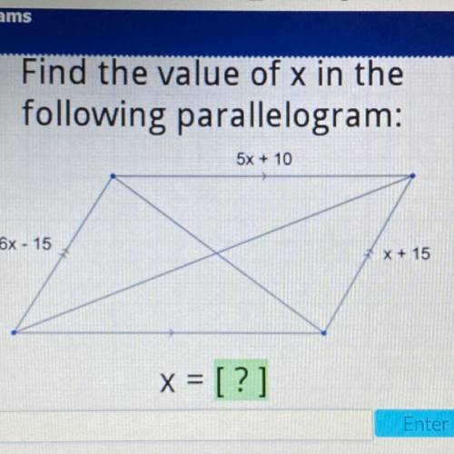 Find the value of x in the
following parallelogram:
5x + 10
6x - 15
X + 15