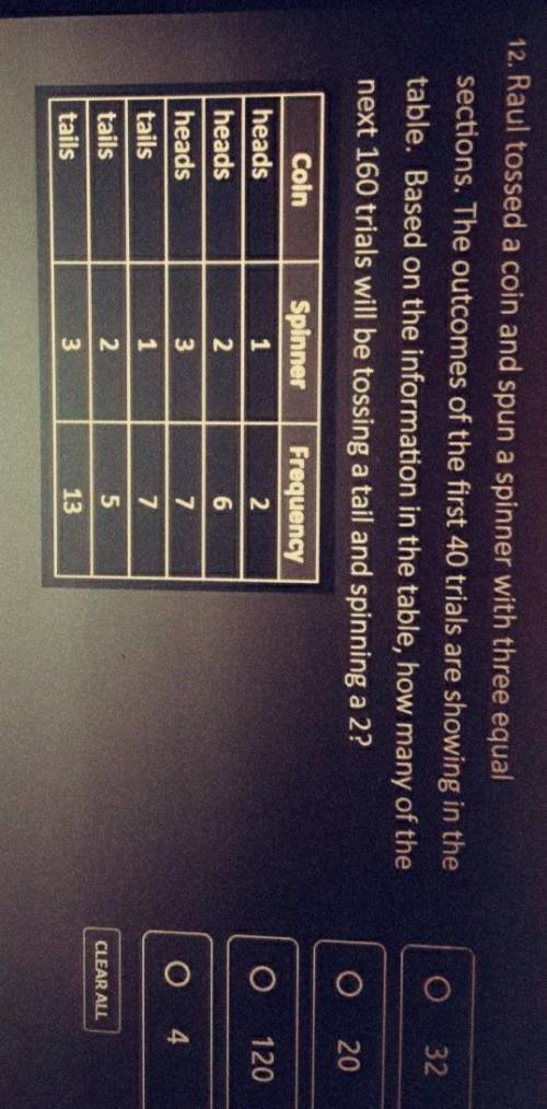 12. Raul tossed a coin and spun a spinner with three equal sections. The outcomes of the first 40 t
