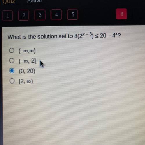 What is the solution set to 8(2^x - 3) < 20 – 4^x?