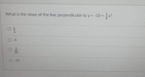 What is the slope of the Line perpendicular to y = -10 + 1/4x