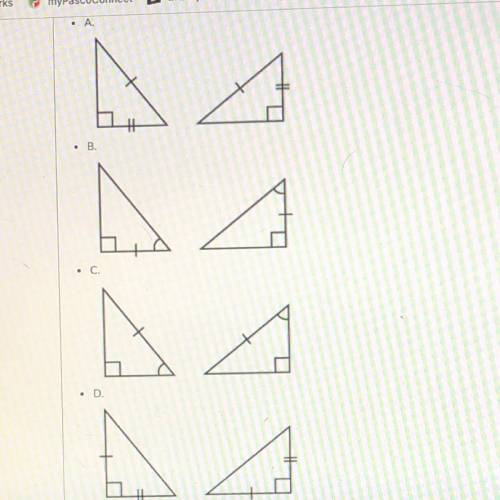 I will give brainliest

Which pair of triangles can be proven to be congruent using the Hypotenuse