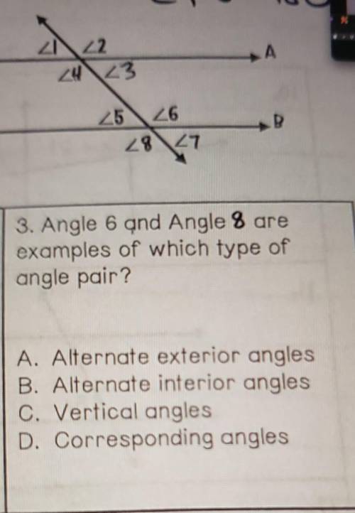 3. Angle 6 and Angle 8 are examples of which type of angle pair? A. Alternate exterior angles B. Al