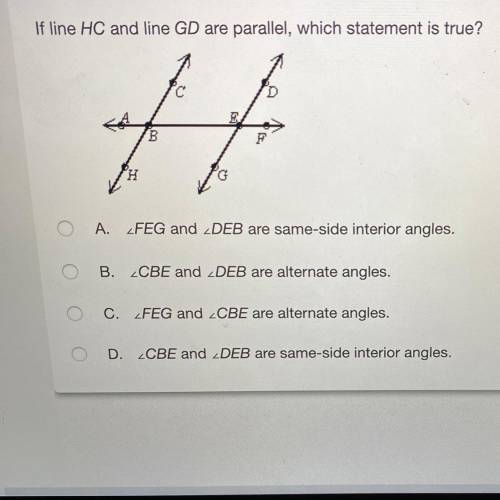 If line HC and line GD are parallel, which statement is true?