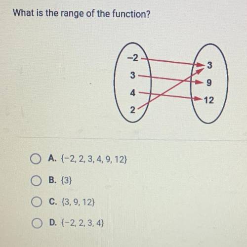 What is the range of the function?

A. {-2, 2, 3, 4, 9, 12}
B. {3}
C. {3, 9, 12)
D. {-2, 2,3,4}