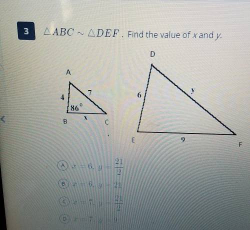 ABC ~ DEF. Find the value of x and y
