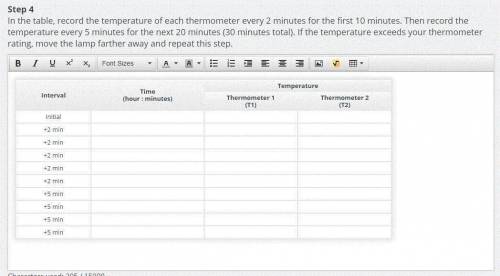 Step 4

In the table, record the temperature of each thermometer every 2 minutes for the first 10