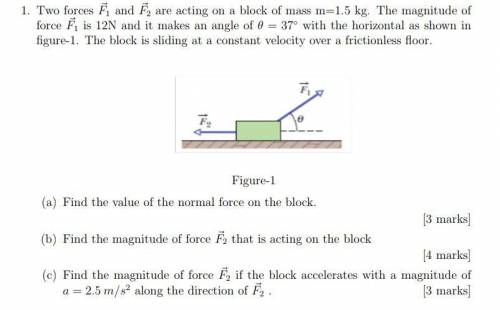 1. Two forces F~ 1 and F~ 2 are acting on a block of mass m=1.5 kg. The magnitude of force F~ 1 is