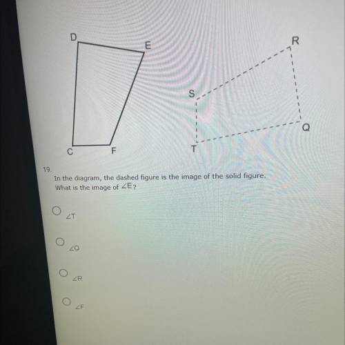 In the diagram, the dashed figure is the image of the solid figure.
What is the image of E