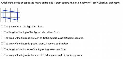 Which statements describe the figure on the grid if each square has side lengths of 1 cm? Check all