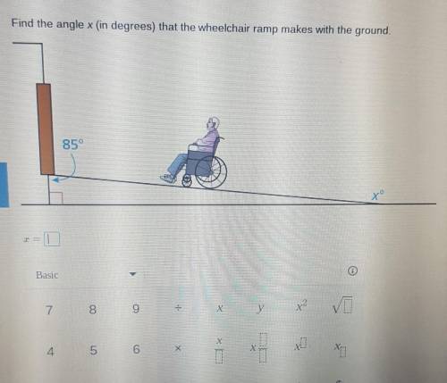 Find the angle x (in degrees) that the wheelchair ramp makes with the ground.