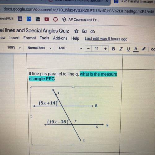 PLZ HELP
If line p is parallel to line q , what is the measure of angle EFG