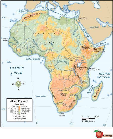 Use the map of Africa below to answer the following question:

What geographical feature accounts