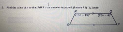 Find the value of n so that PQRS is an isosceles is an isosceles trapezoid
