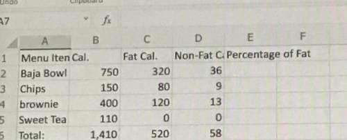 CALCULATE THE PERCENTAGE OF FAT CALORIES TO TOTAL CALORIES. I got no idea how to do this in excel ;