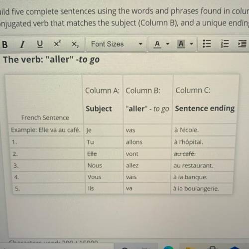 Build five complete sentences using the words and phrases found in columns A-C. Each sentence shoul