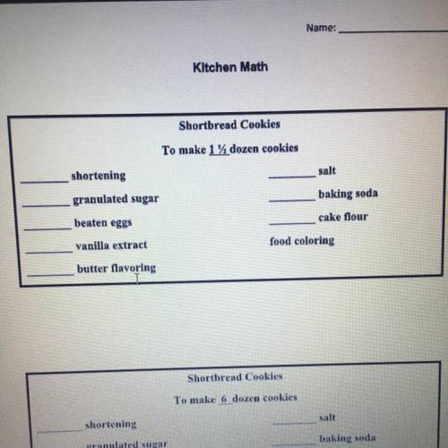 HELP ASP ON KITCHEN MATH !!!

Shortbread Cookies Makes about 3 dozen cookies 3/4 shortening 1/2 t