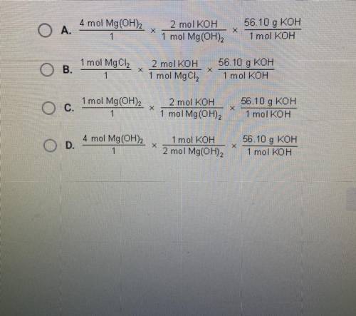 Which equation shows how to calculate how many grams (g) of KOH would

be needed to fully react wi