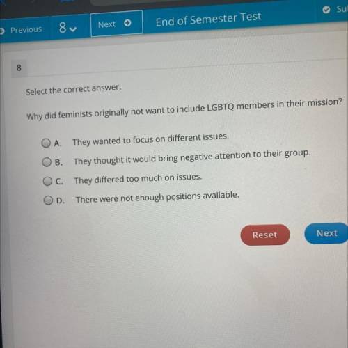 Select the correct answer.

Why did feminists originally not want to include LGBTQ members in thei