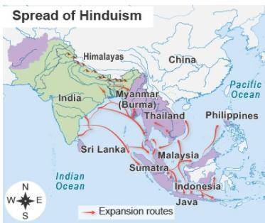 Read the map. A map titled Spread of Hinduism. . What prevented the spread of Hinduism from India t