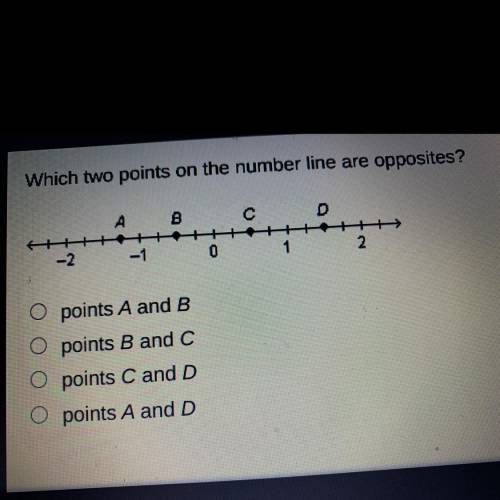 Which two points on the number line are opposites?
 

A
с
D
-2
-1
0
1
2
3
points A and B
points B a