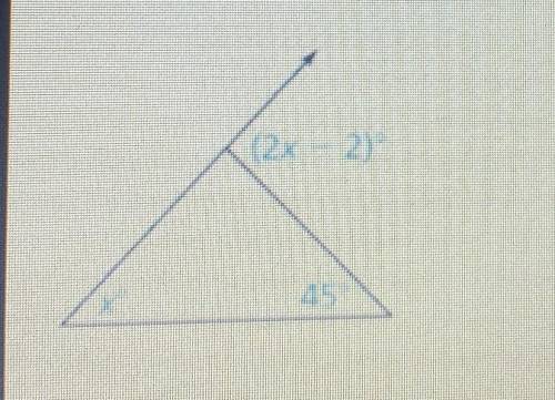I need to find the measure of the exterior angle of the triangle
