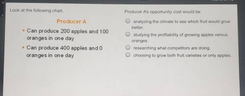 Look at the following chart. Producer A · Can produce 200 apples and 100 oranges in one day - Can p