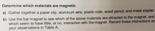 1. Determine which materials are magnetic

a.) gather together a paper clip, aluminum wore, plasti