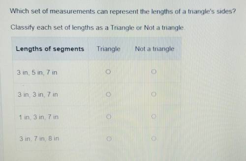 WILL GIVE BRAINLEST

Which set of measurements can represent the lengths of a triangle's sides? Cl