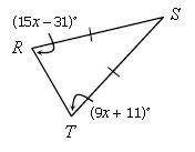 If \triangle △RST is isosceles. find x then find m∠S.
X=
m∠S =
